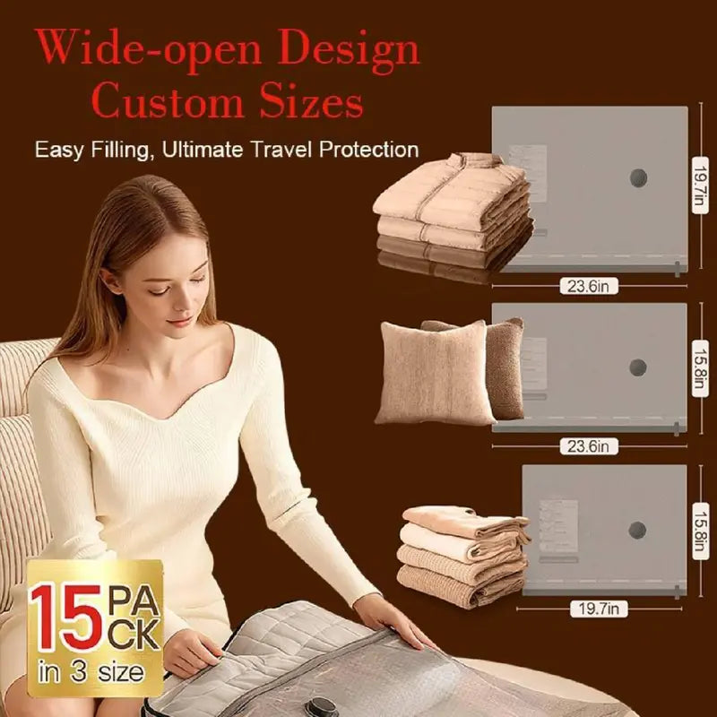 [15 Pack]Cordless Travel Vacuum Storage Compression Bag Set 15 Pack -Vacuum Bags for Travel with Rechargeable air Pump,for Luggage and Suitcase, Space Saver for Clothes and Clothing Travel Zipper Pouches