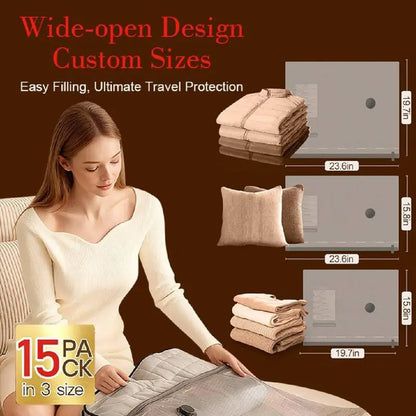 [15 Pack]Cordless Travel Vacuum Storage Compression Bag Set 15 Pack -Vacuum Bags for Travel with Rechargeable air Pump,for Luggage and Suitcase, Space Saver for Clothes and Clothing Travel Zipper Pouches